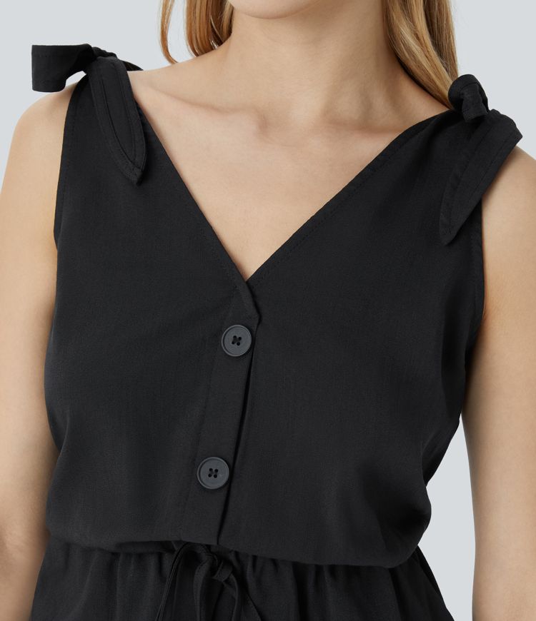 Decorative Drawstring Pocket Casual Linen-Feel Jumpsuit