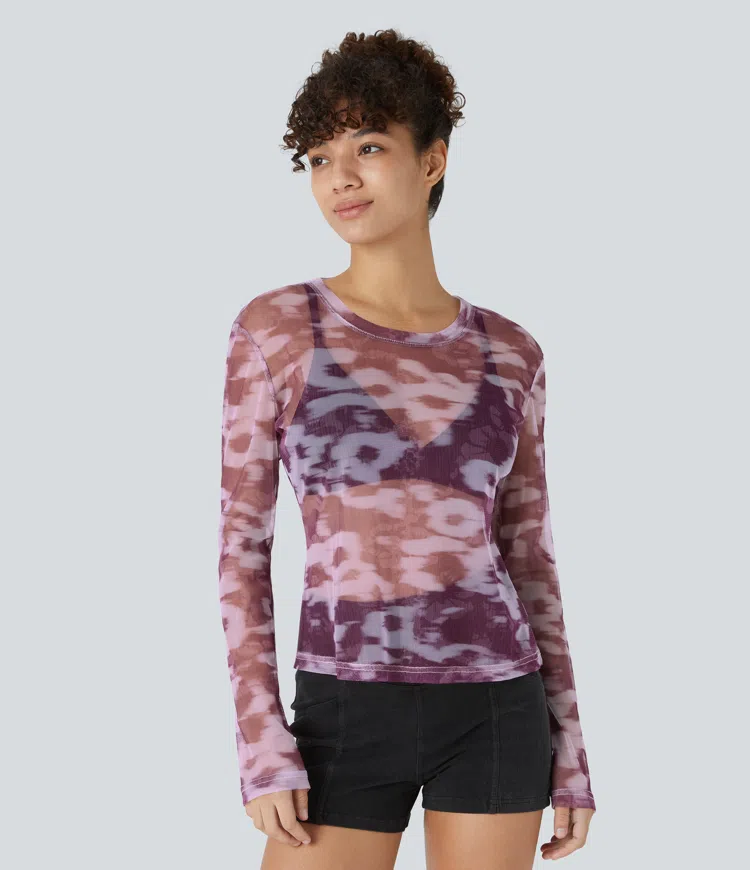 Round Neck Long Sleeve Floral Print Slim Sheer Mesh Casual Top