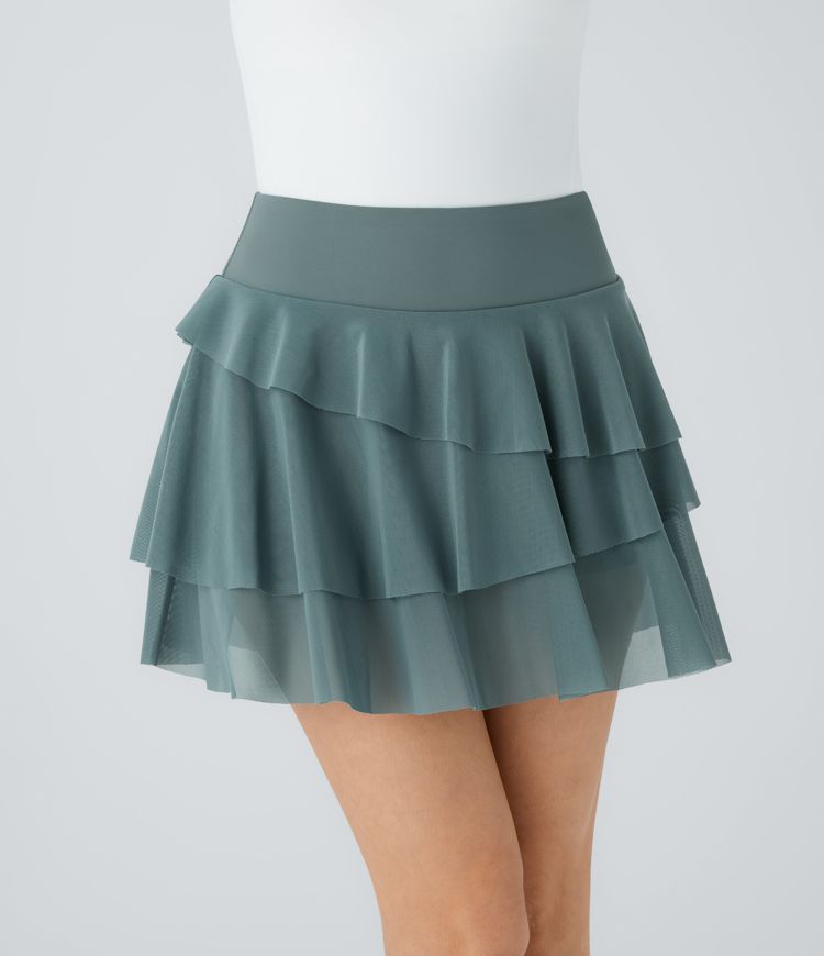 Fließender 2-in-1-Minirock aus kontrastierendem Netzstoff mit hohem Bund und Seitentaschen