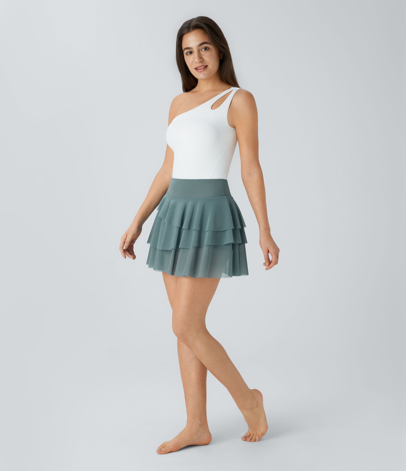 Fließender 2-in-1-Minirock aus kontrastierendem Netzstoff mit hohem Bund und Seitentaschen