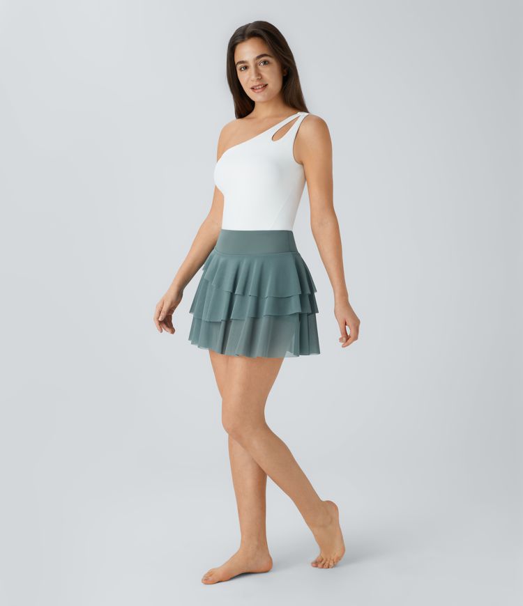 Fließender 2-in-1-Minirock aus kontrastierendem Netzstoff mit hohem Bund und Seitentaschen