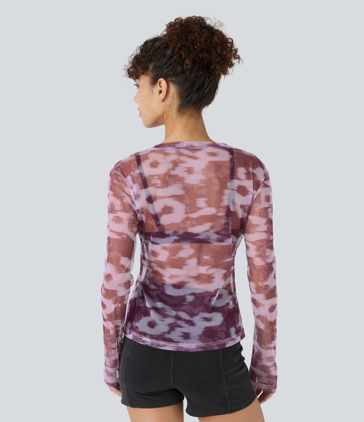 Round Neck Long Sleeve Floral Print Slim Sheer Mesh Casual Top