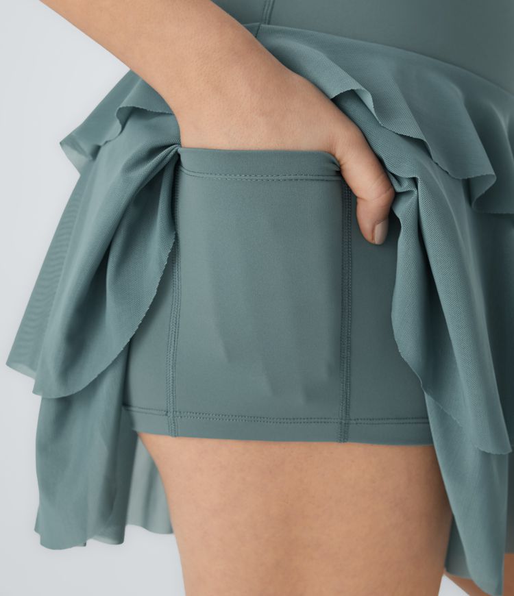 Fließender 2-in-1-Minirock aus kontrastierendem Netzstoff mit hohem Bund und Seitentaschen