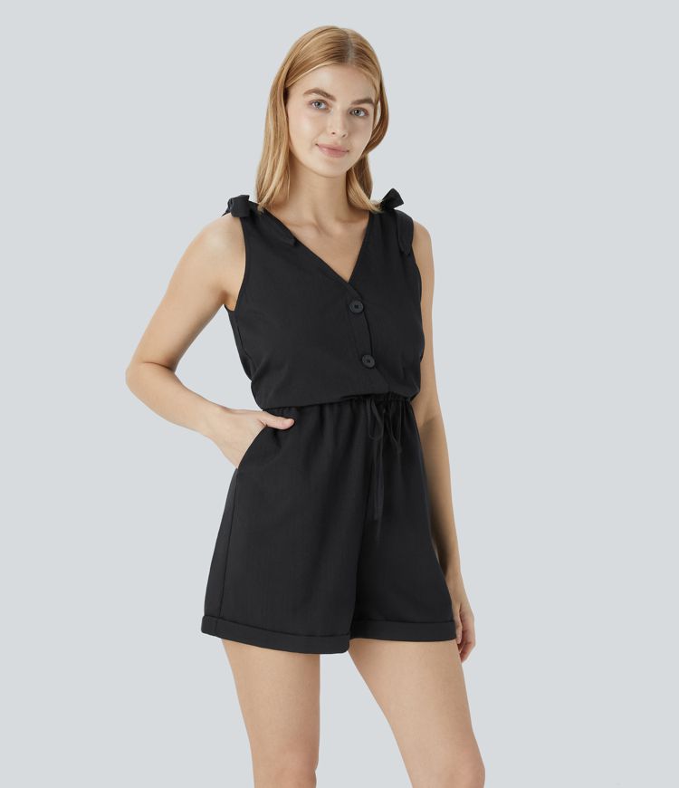 Decorative Drawstring Pocket Casual Linen-Feel Jumpsuit