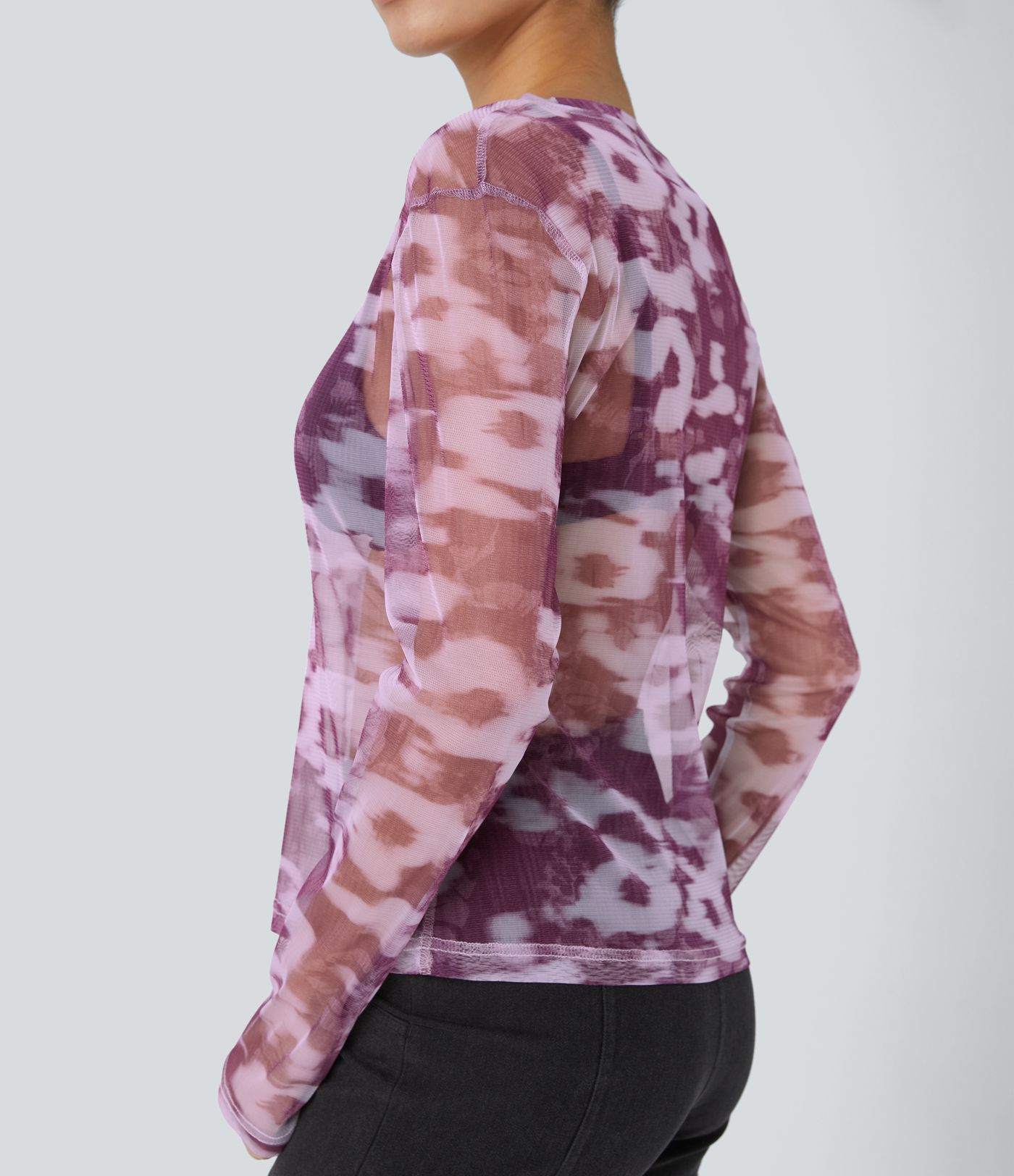 Round Neck Long Sleeve Floral Print Slim Sheer Mesh Casual Top