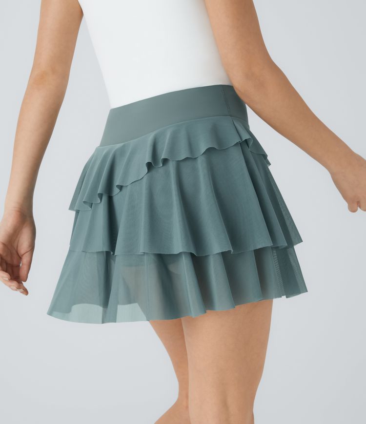 Fließender 2-in-1-Minirock aus kontrastierendem Netzstoff mit hohem Bund und Seitentaschen