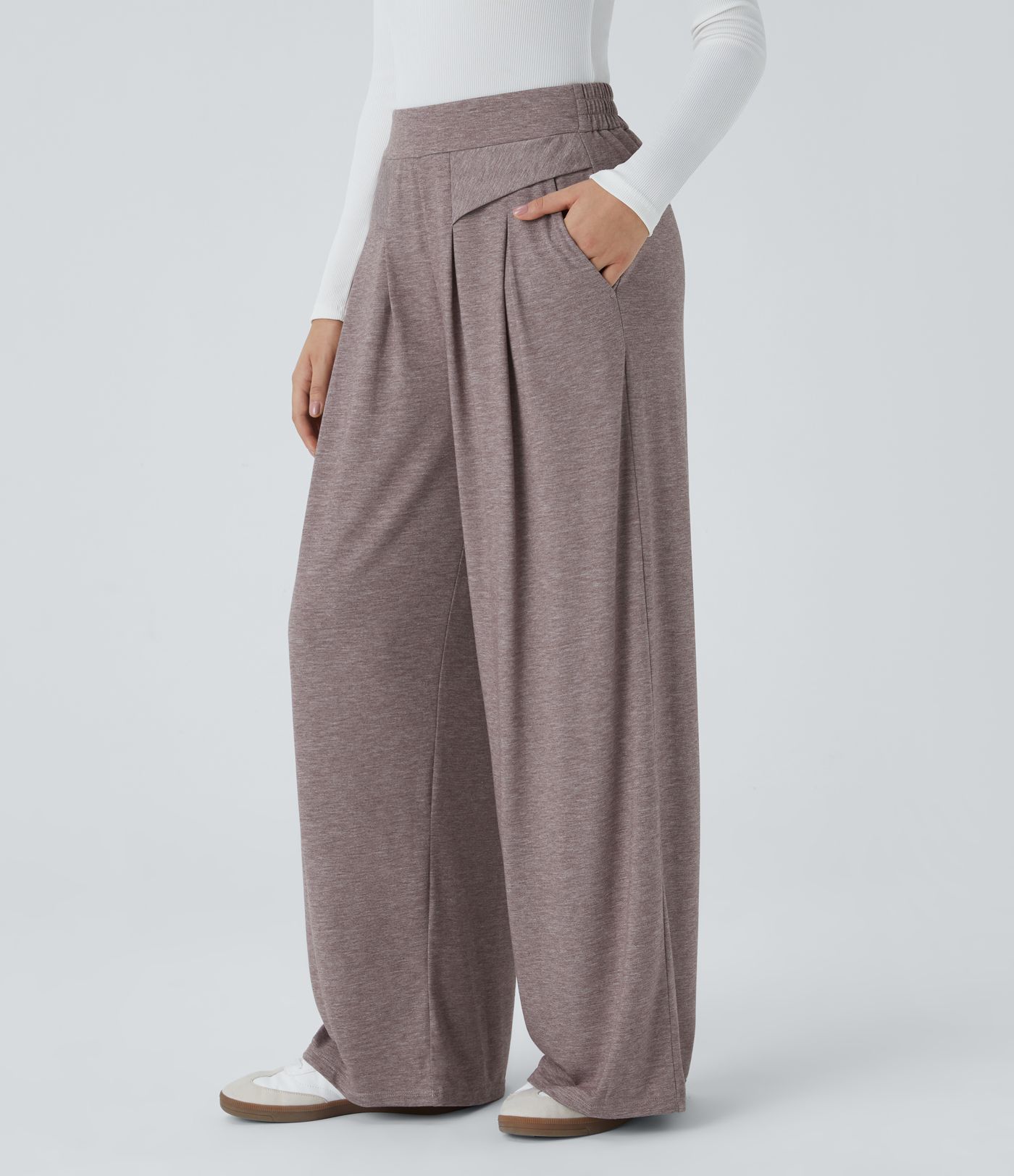 Pantalón tiro alto pierna ancha bolsillo lateral efecto jaspeado