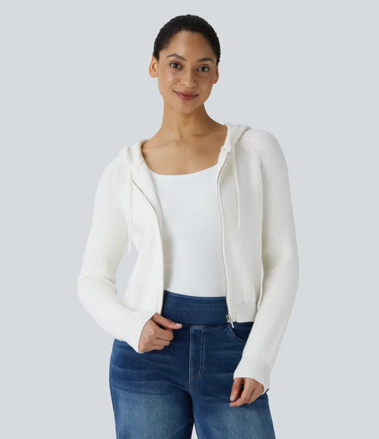 Hooded Drawstring Zipper Raglan Sleeve Casual Cardigan