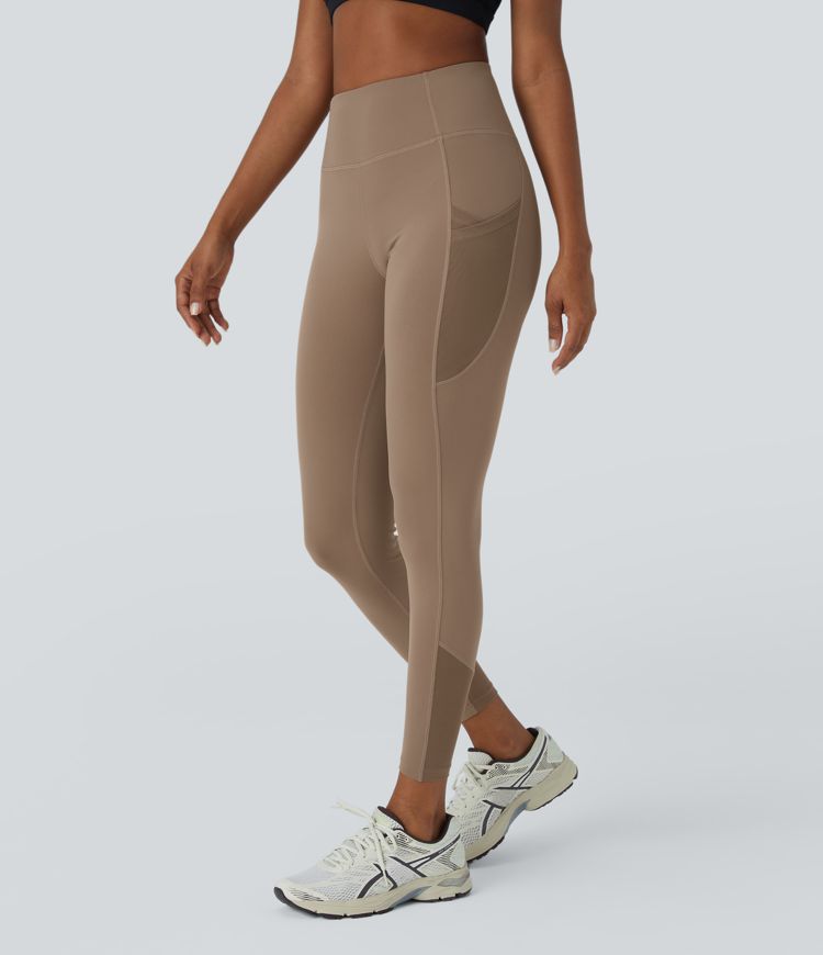 High Waisted Side Crossover Pocket Contrast Mesh 7/8 Yoga Leggings