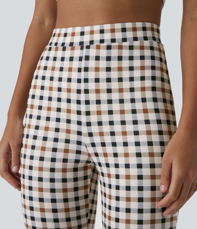 High Waisted Plaid Flare Casual Trousers