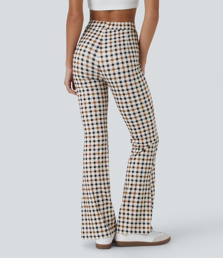 High Waisted Plaid Flare Casual Trousers