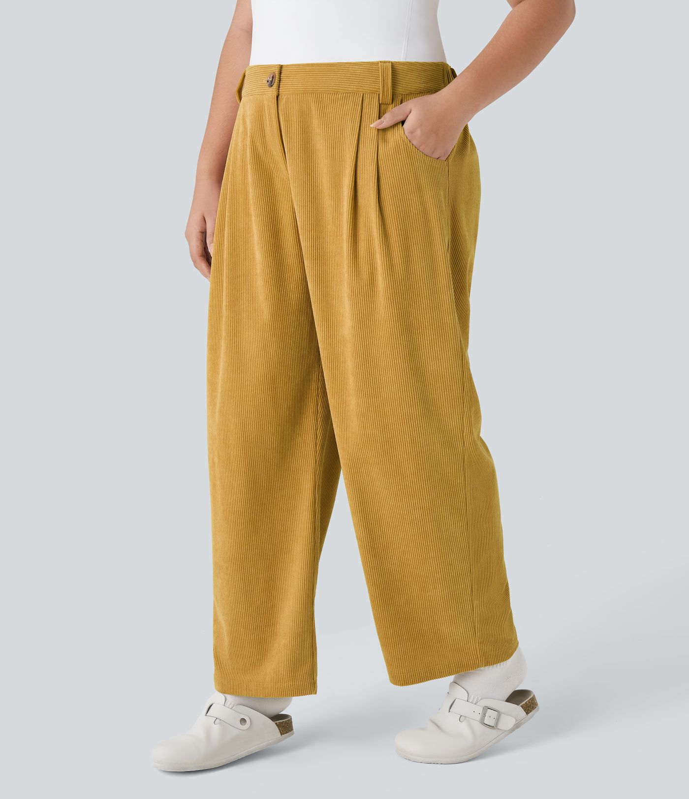 Pantalon Casual Grande Taille Velours Côtelé Taille Mi-haute Boutonnés Fermeture Éclair Poches Latérales