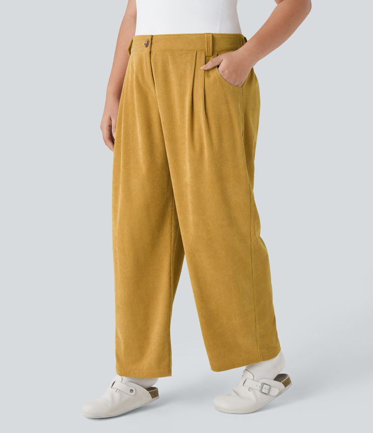 Mid Rise Button Zipper Side Pocket Plus Size Corduroy Casual Pants