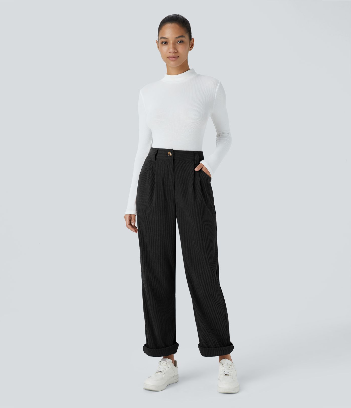 High Waisted Zipper Pocket Corduroy Casual Pants