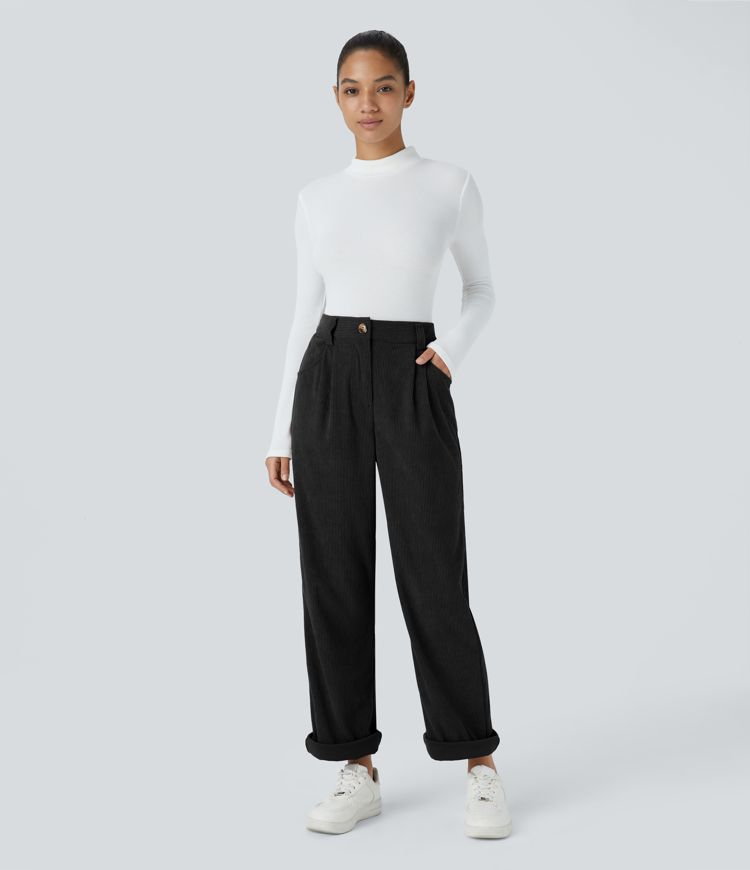 High Waisted Zipper Pocket Corduroy Casual Pants