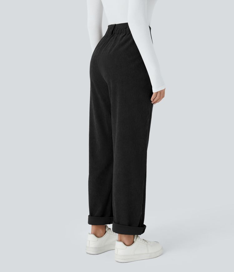 High Waisted Zipper Pocket Corduroy Casual Pants