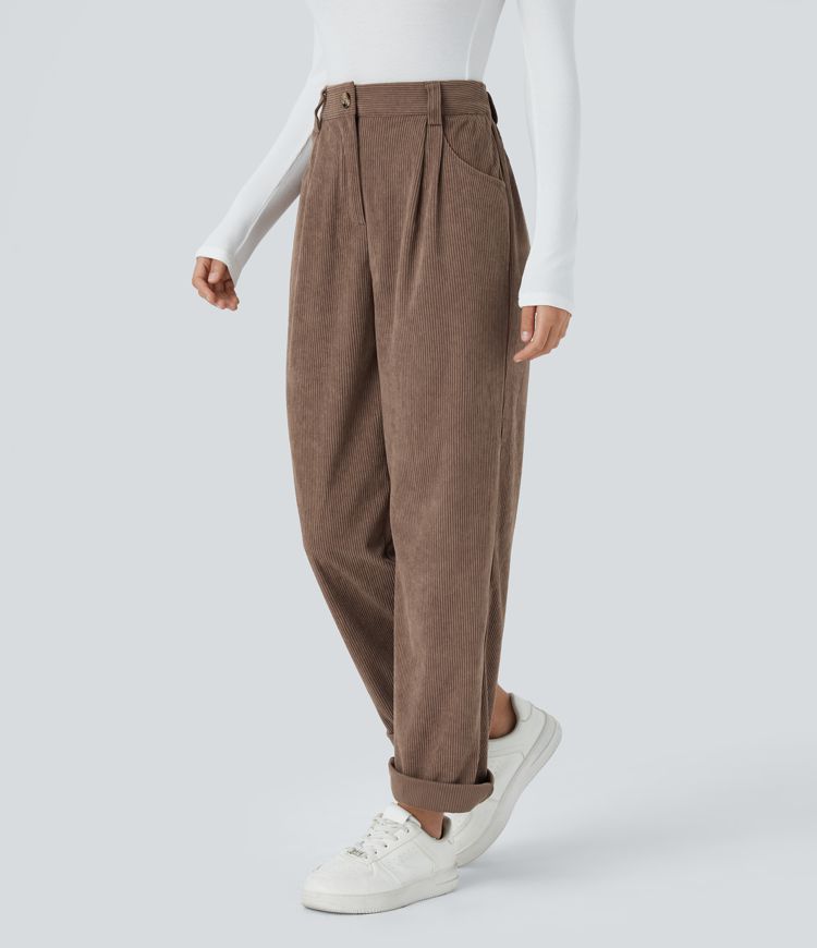 High Waisted Button Zipper Side Pocket Corduroy Casual Pants