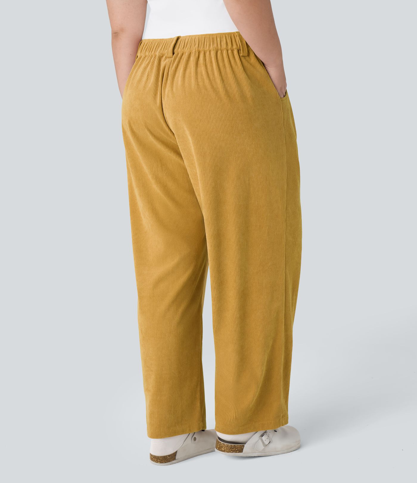 Pantalon Casual Grande Taille Velours Côtelé Taille Mi-haute Boutonnés Fermeture Éclair Poches Latérales