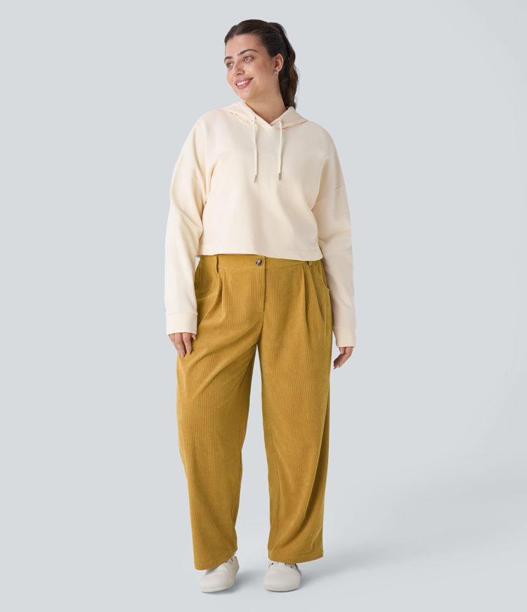 Pantalon Casual Grande Taille Velours Côtelé Taille Mi-haute Boutonnés Fermeture Éclair Poches Latérales