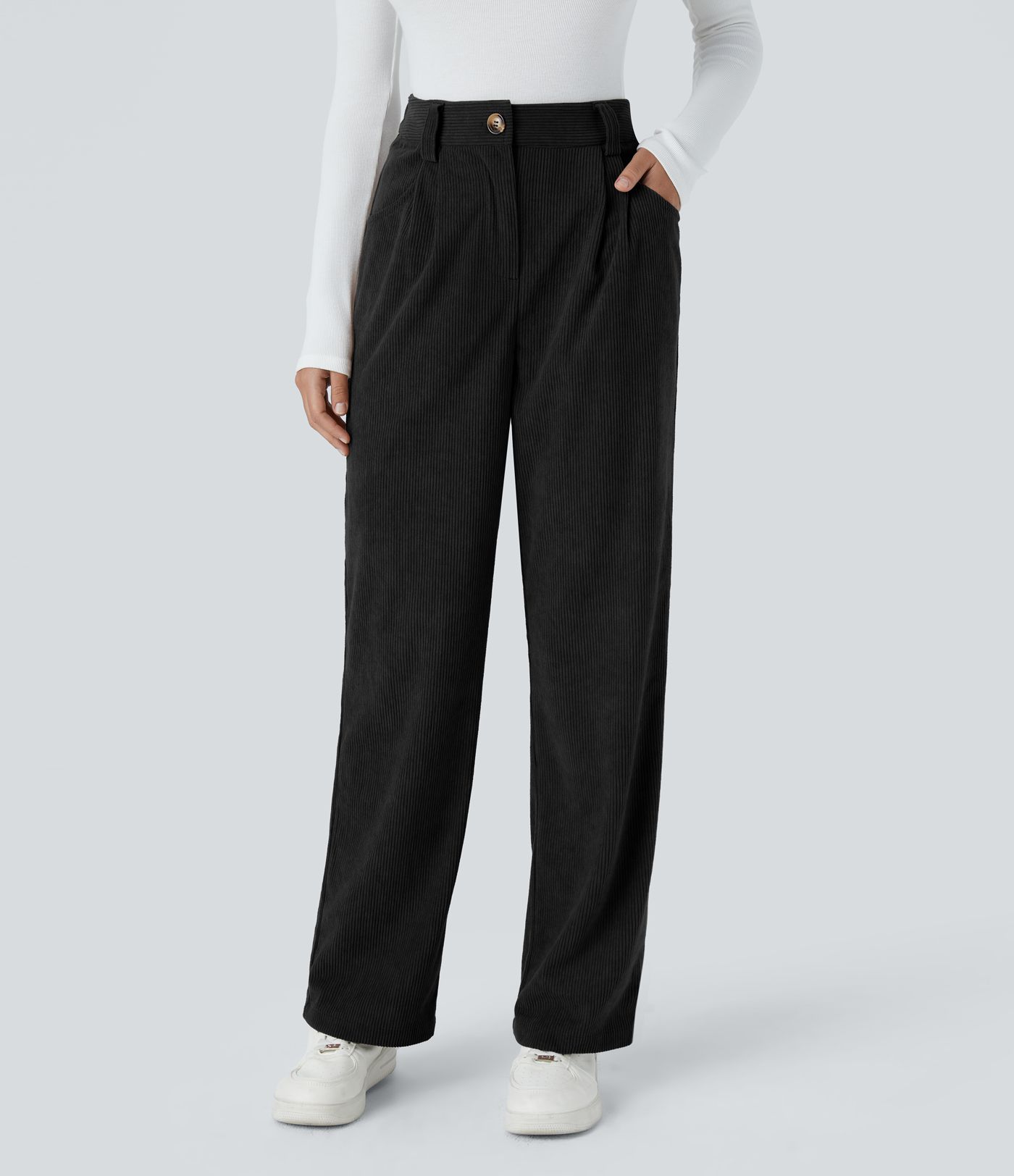 High Waisted Zipper Pocket Corduroy Casual Pants