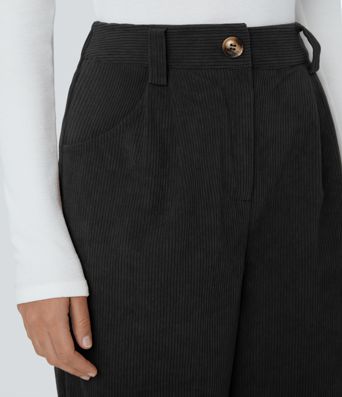 High Waisted Zipper Pocket Corduroy Casual Pants