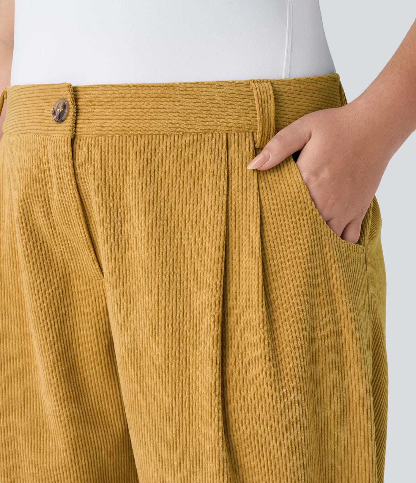 Pantalon Casual Grande Taille Velours Côtelé Taille Mi-haute Boutonnés Fermeture Éclair Poches Latérales