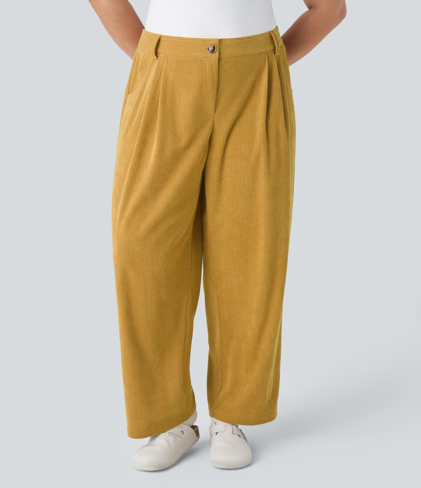 Pantalon Casual Grande Taille Velours Côtelé Taille Mi-haute Boutonnés Fermeture Éclair Poches Latérales