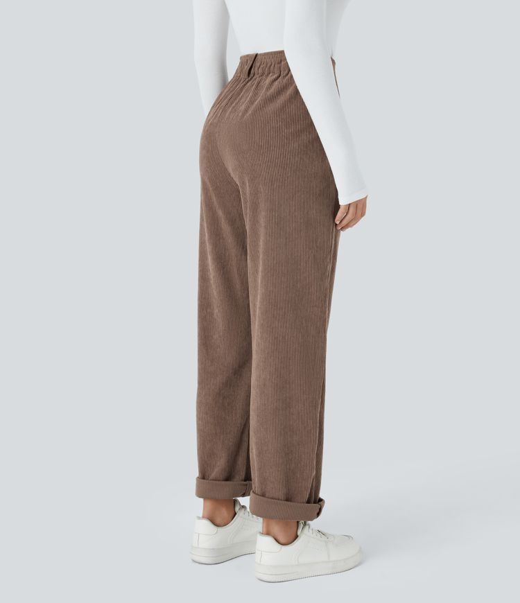 High Waisted Button Zipper Side Pocket Corduroy Casual Pants