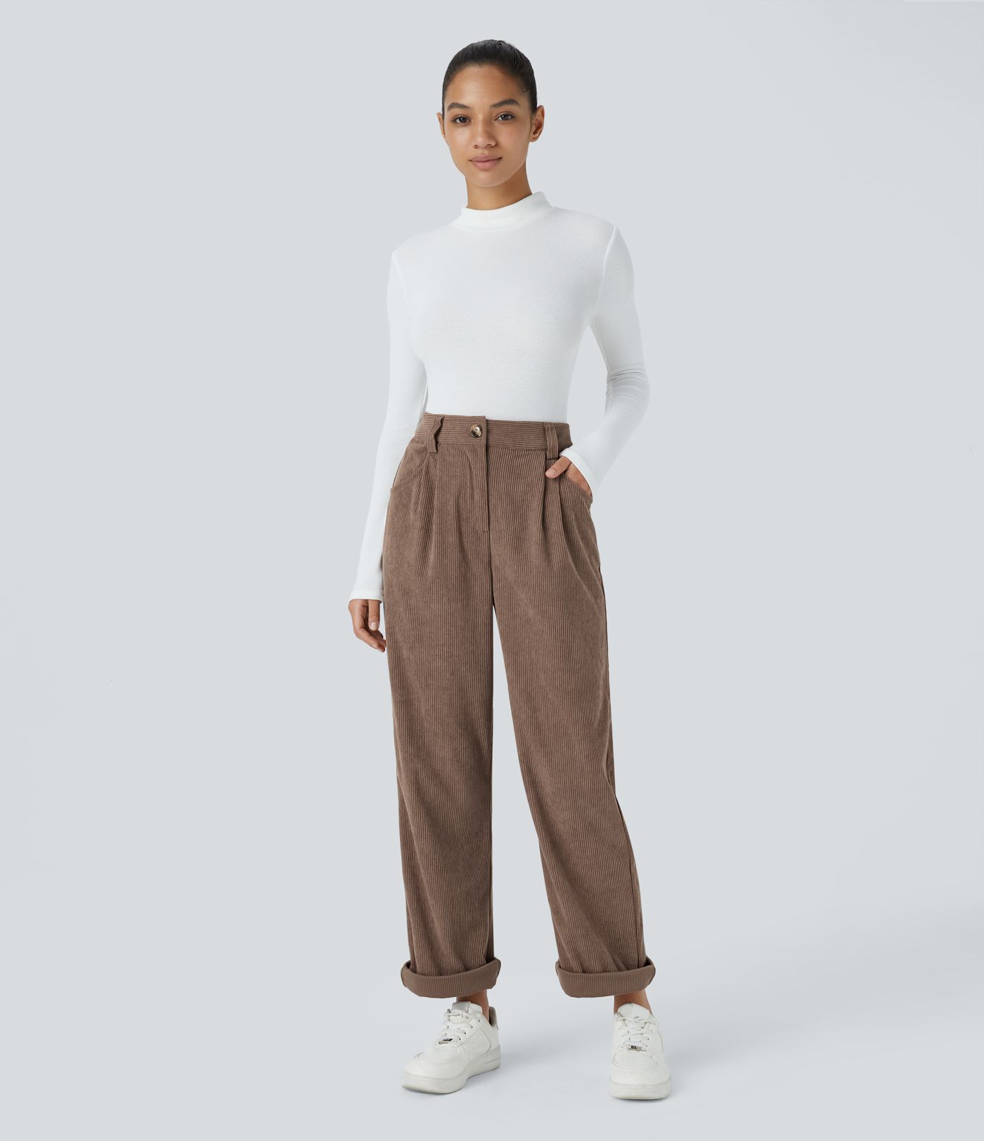Pantalon décontracté en velours côtelé, taille haute, avec poche zippée