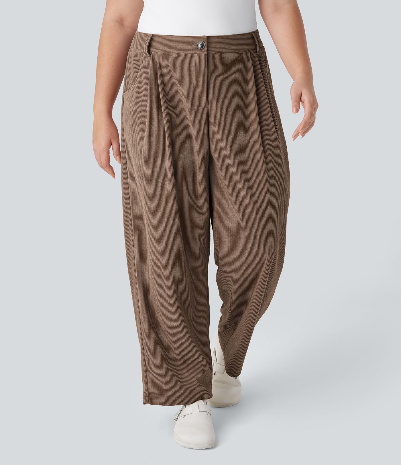 Mid Rise Zipper Pocket Plus Size Corduroy Casual Trousers