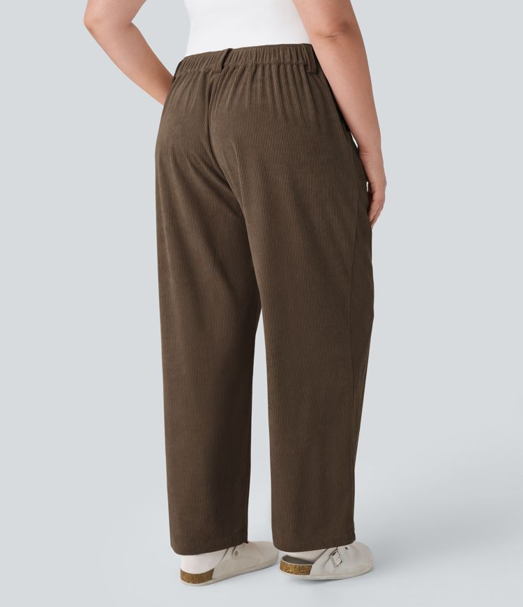 Mid Rise Button Zipper Side Pocket Plus Size Corduroy Casual Pants