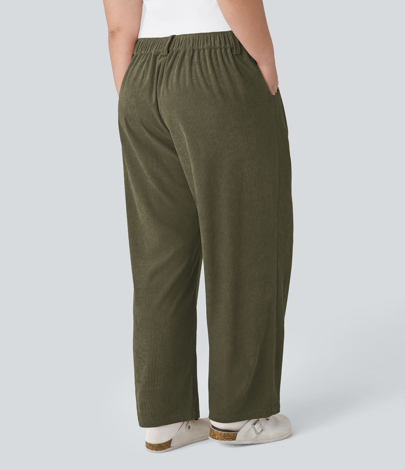 Pantalones pana talla grande bolsillo lateral cremallera botón tiro medio