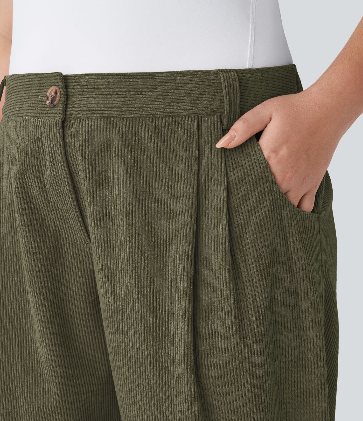 Pantalones pana talla grande bolsillo lateral cremallera botón tiro medio