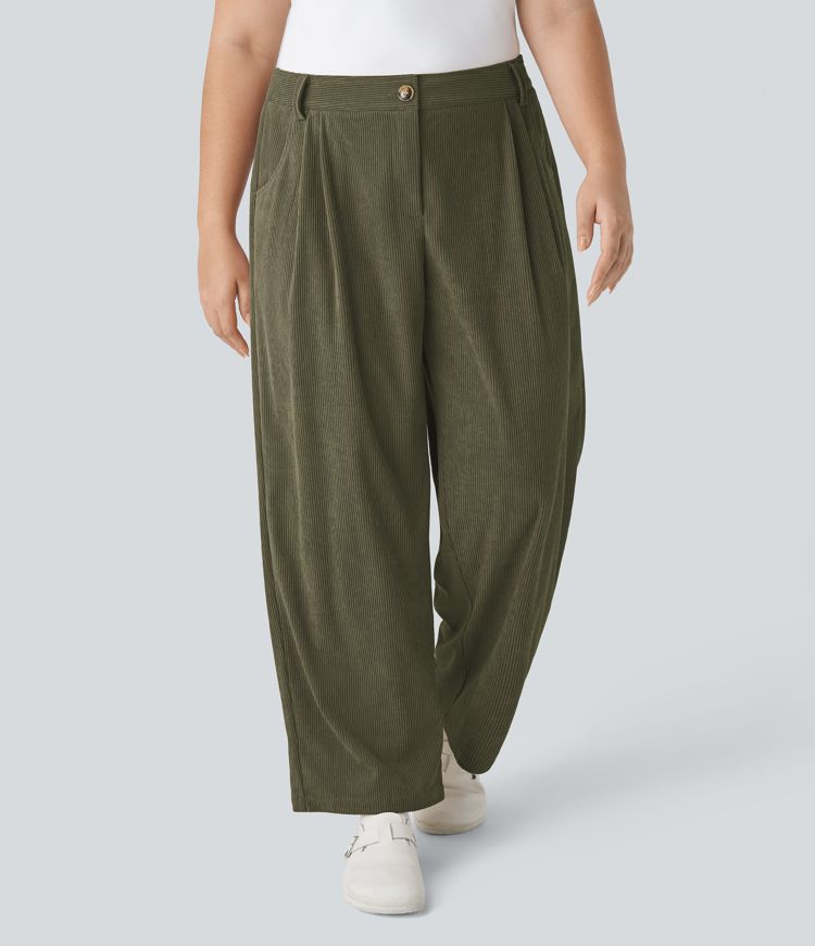 Mid Rise Button Zipper Side Pocket Plus Size Corduroy Casual Trousers