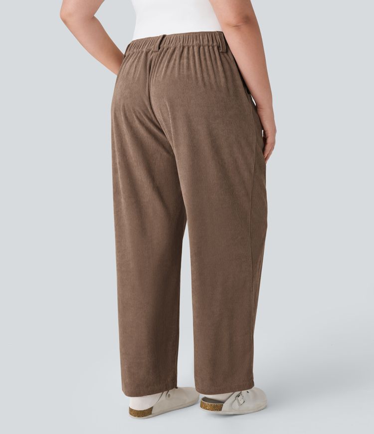 Mid Rise Button Zipper Side Pocket Plus Size Corduroy Casual Pants
