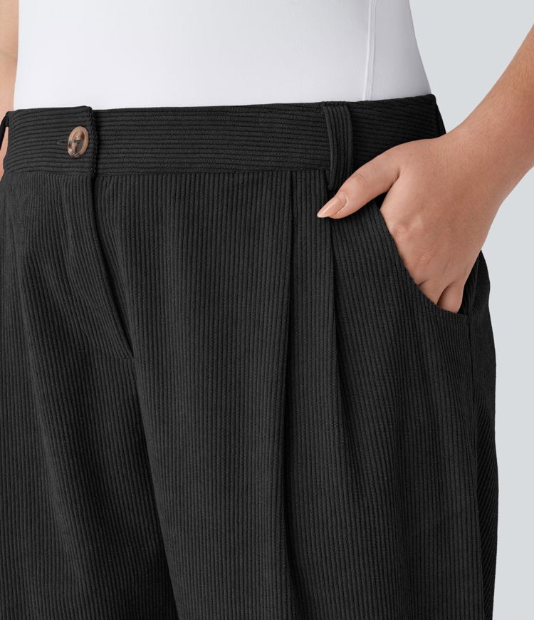 Pantalones pana talla grande bolsillo lateral cremallera botón tiro medio