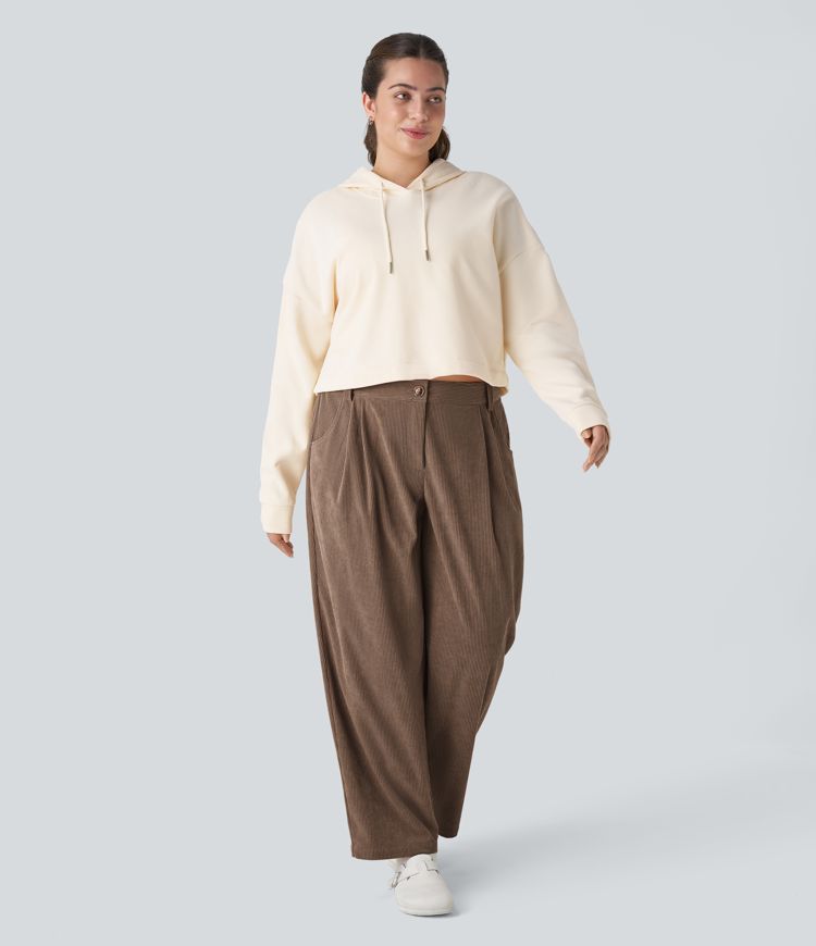 Mid Rise Button Zipper Side Pocket Plus Size Corduroy Casual Trousers