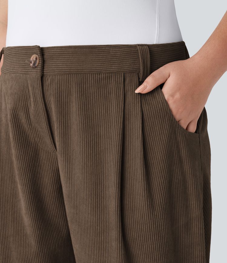 Mid Rise Zipper Pocket Plus Size Corduroy Casual Pants