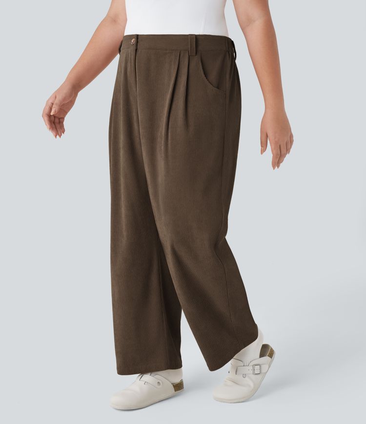 Mid Rise Button Zipper Side Pocket Plus Size Corduroy Casual Pants