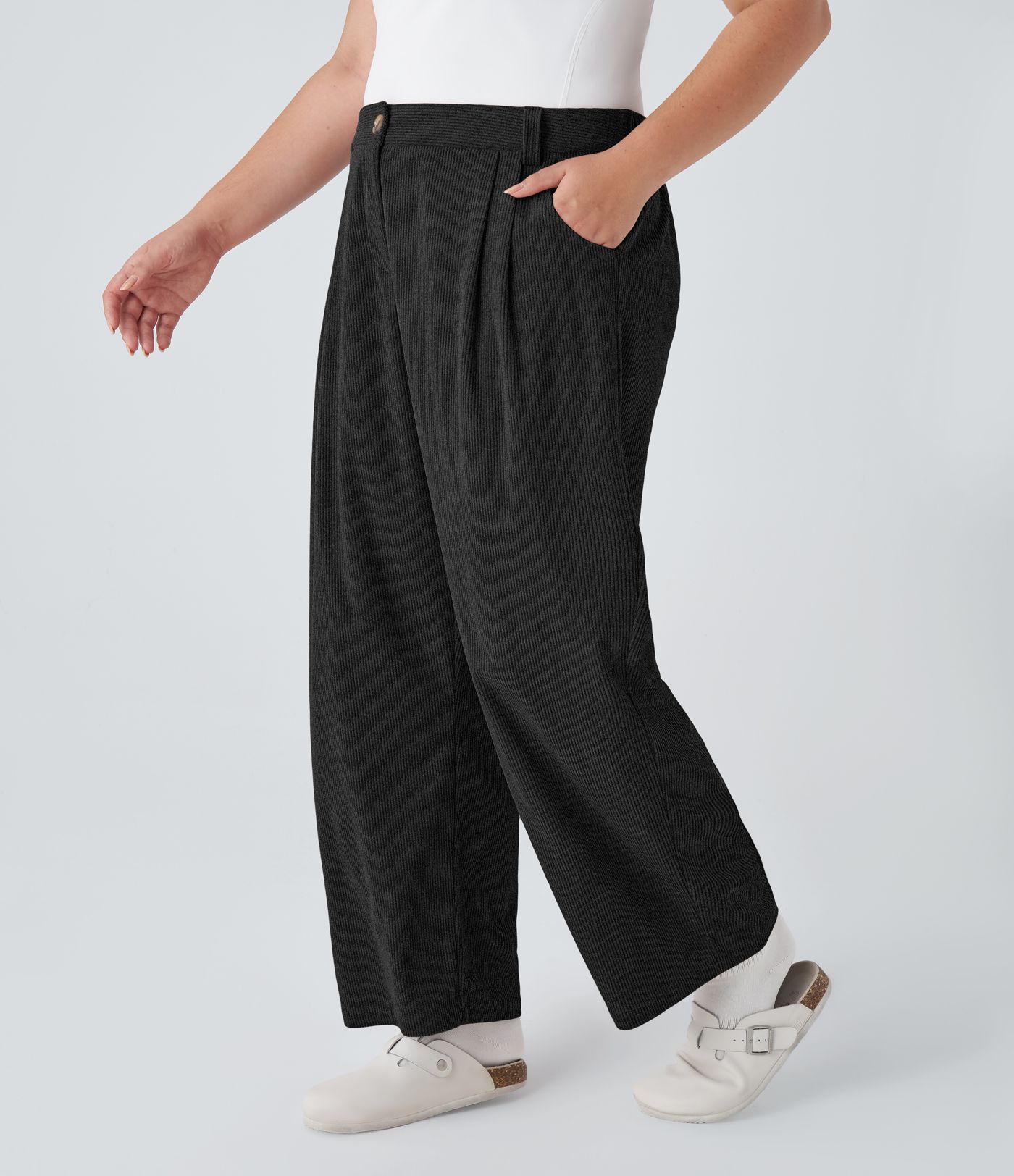 Pantalones pana talla grande bolsillo lateral cremallera botón tiro medio