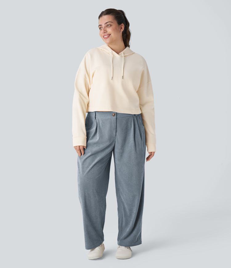 Mid Rise Zipper Pocket Plus Size Corduroy Casual Pants