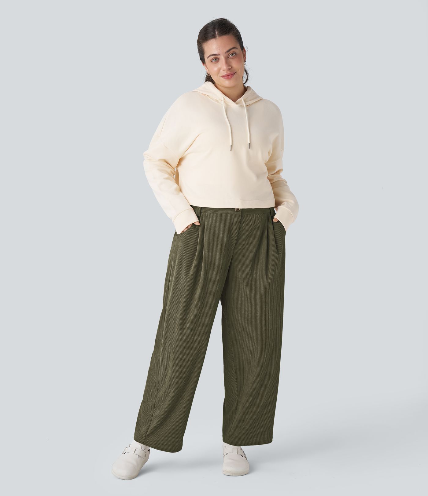 Pantalones pana talla grande bolsillo lateral cremallera botón tiro medio