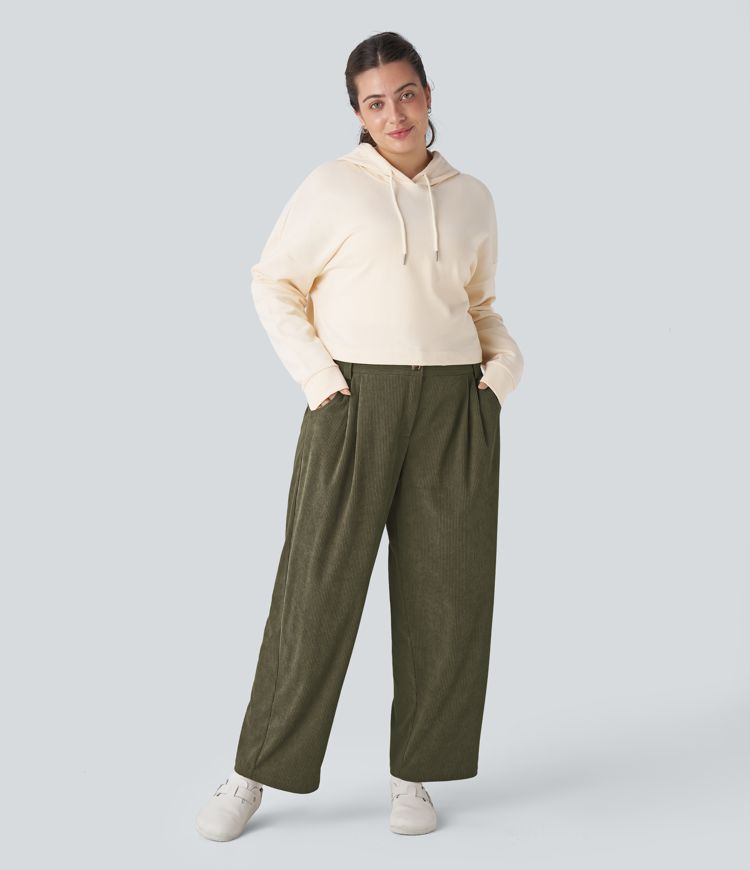 Pantalones pana talla grande bolsillo lateral cremallera botón tiro medio