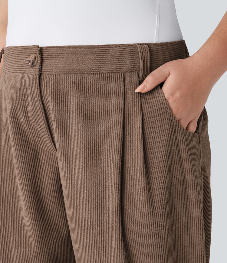 Mid Rise Button Zipper Side Pocket Plus Size Corduroy Casual Trousers