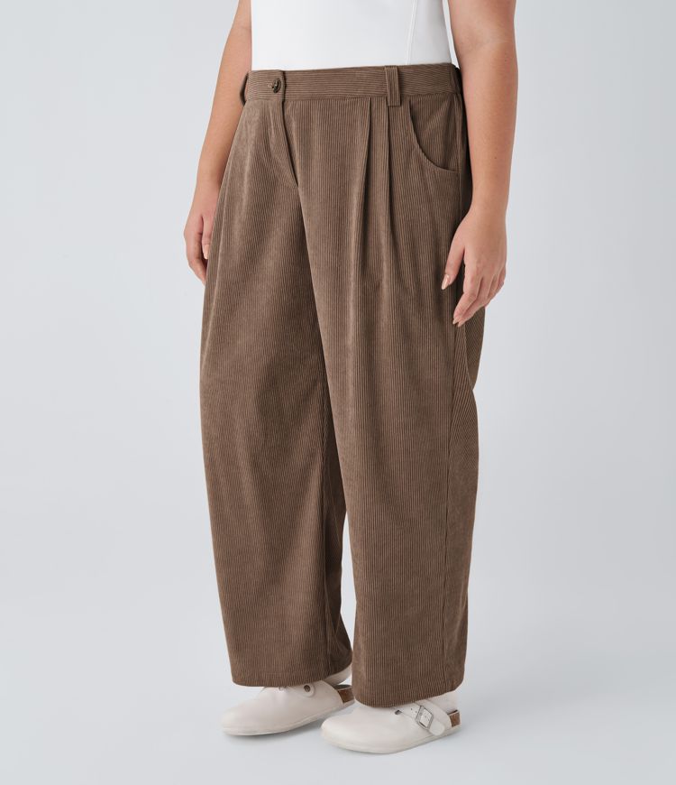 Mid Rise Button Zipper Side Pocket Plus Size Corduroy Casual Pants