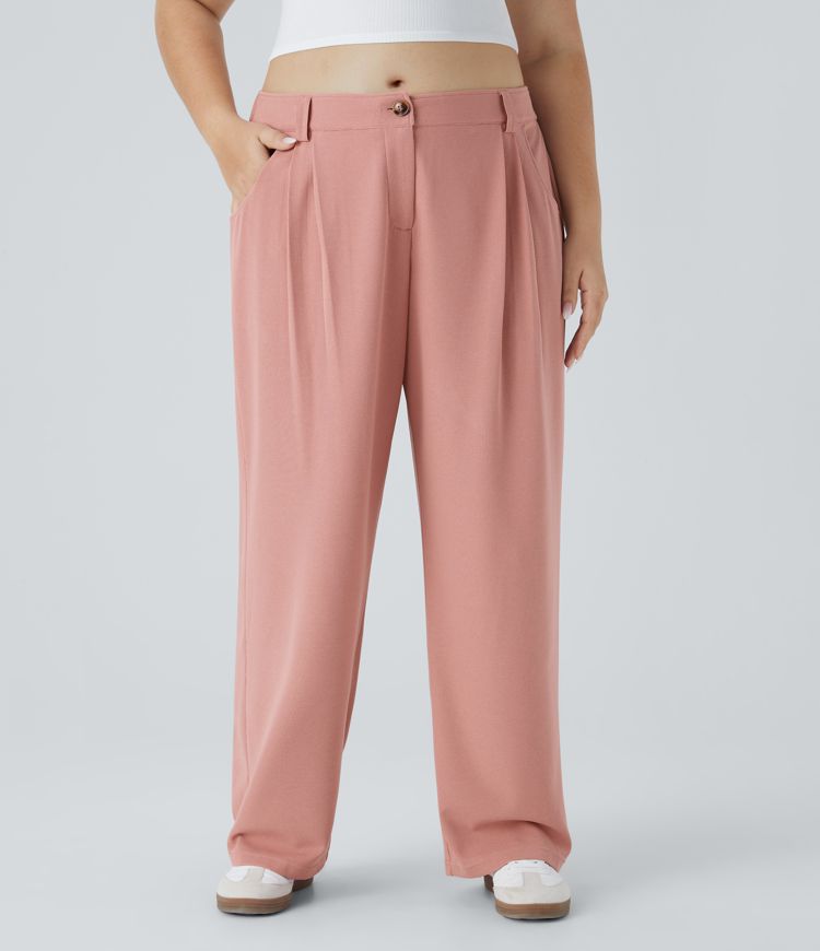 Mid Rise Button Zipper Side Pocket Waffle Casual Plus Size Trousers