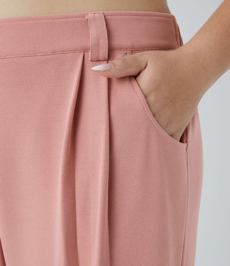 Mid Rise Button Zipper Side Pocket Waffle Casual Plus Size Trousers