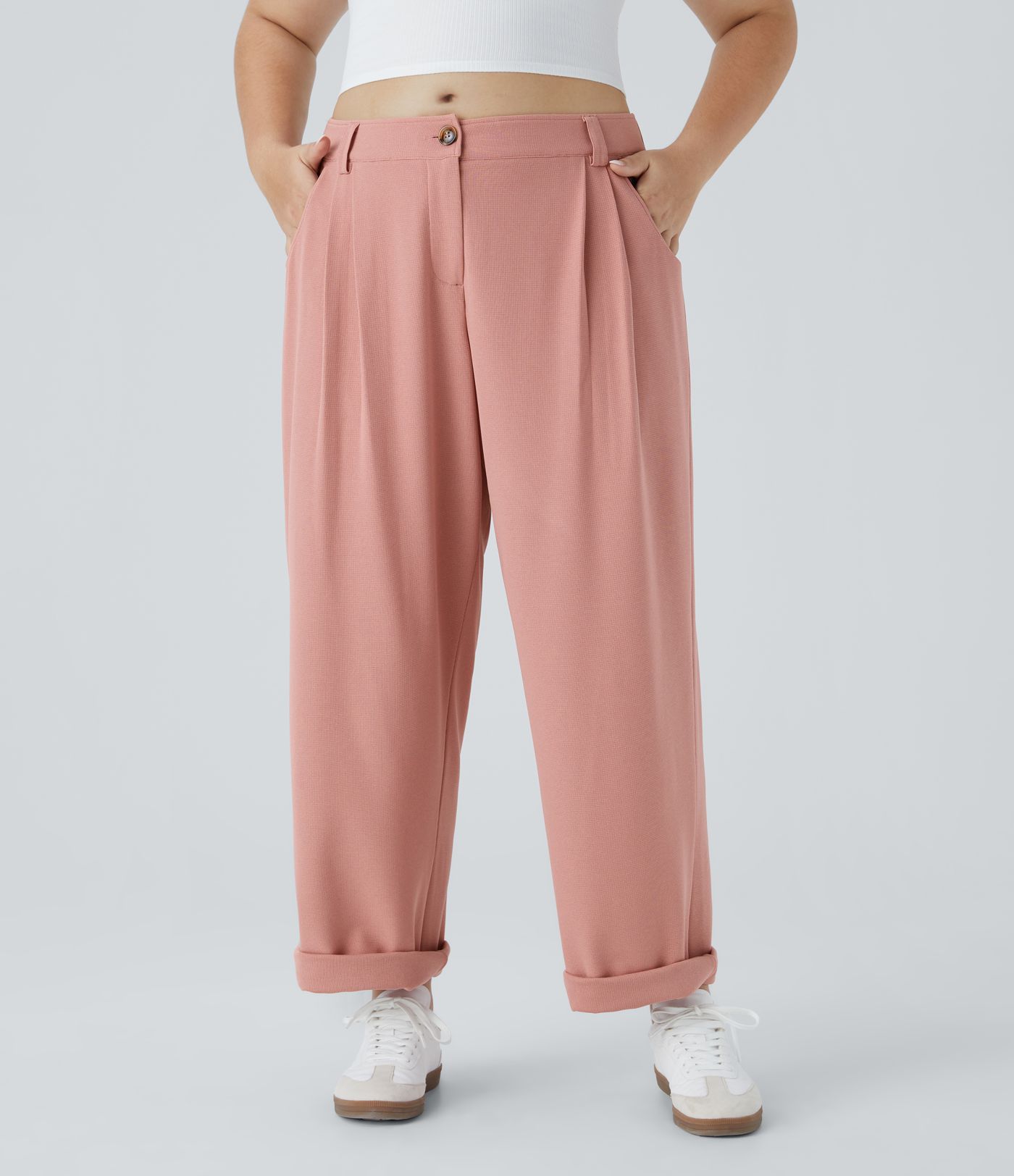 Mid Rise Zipper Pocket Waffle Casual Plus Size Trousers
