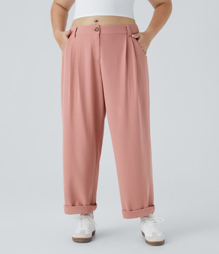 Mid Rise Button Zipper Side Pocket Waffle Casual Plus Size Trousers