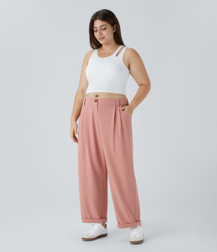 Mid Rise Button Zipper Side Pocket Waffle Casual Plus Size Trousers